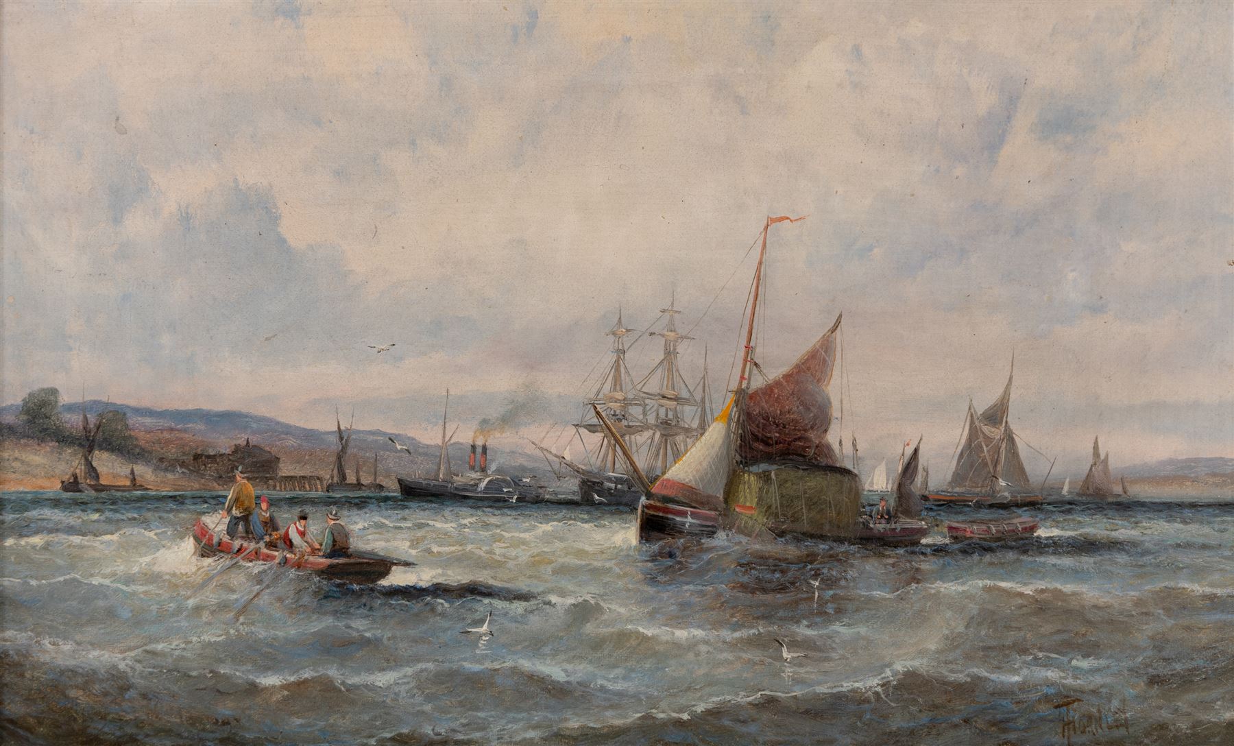 William Anslow Thornley (British fl.1858-1898): 'Hay Barge and Shipping - Mouth of the Thames', oil on canvas signed, titled on the stretcher verso 24cm x 39cm