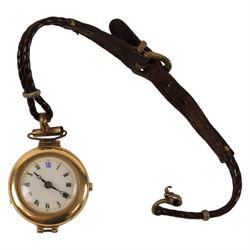 Early 20th century 18ct gold manual wind wristwatch, London 1920, on leather strap