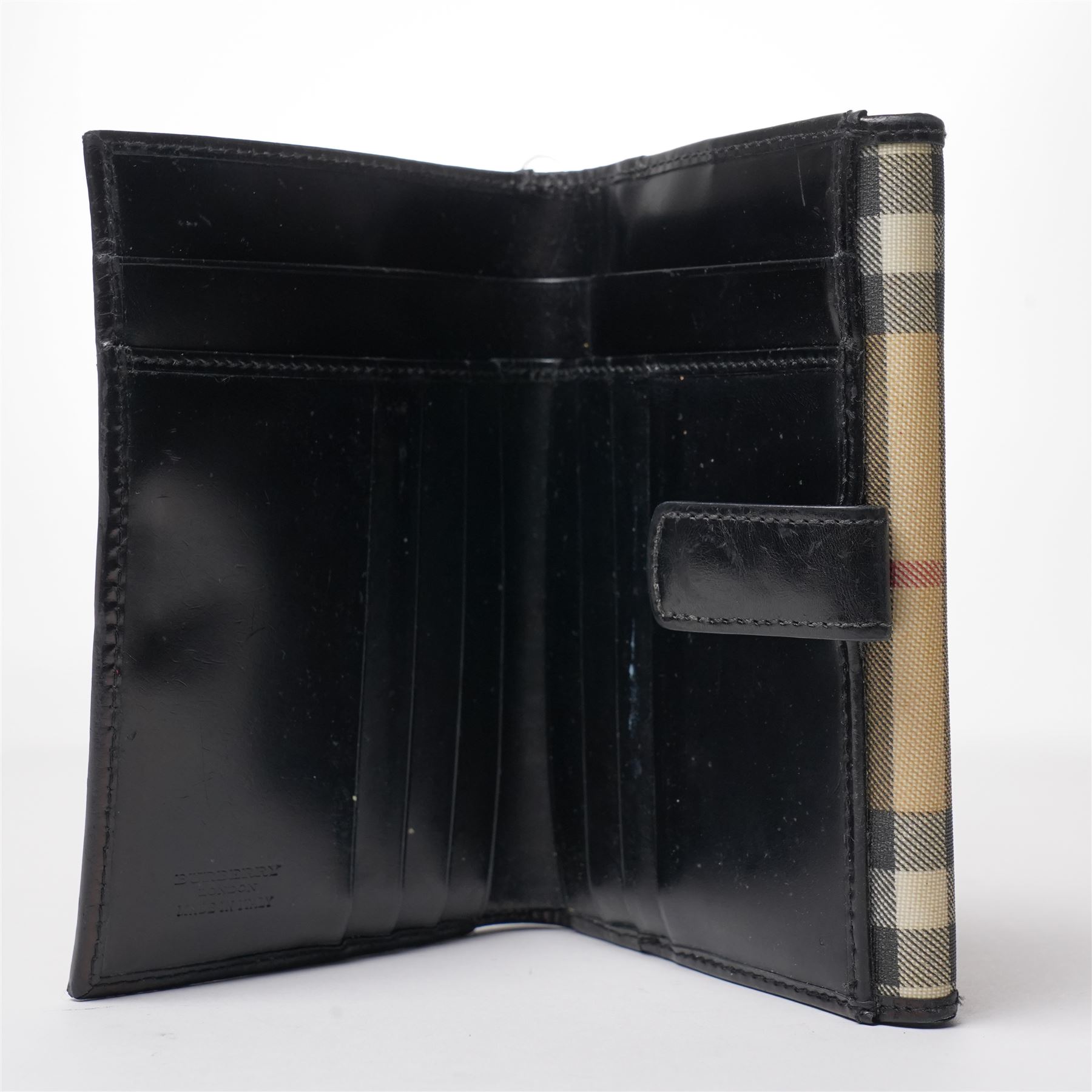 Burberry - Nova Check Wallet, in beige ground check canvas with black leather trim, of folding form with press-stud fastening and fitted interior