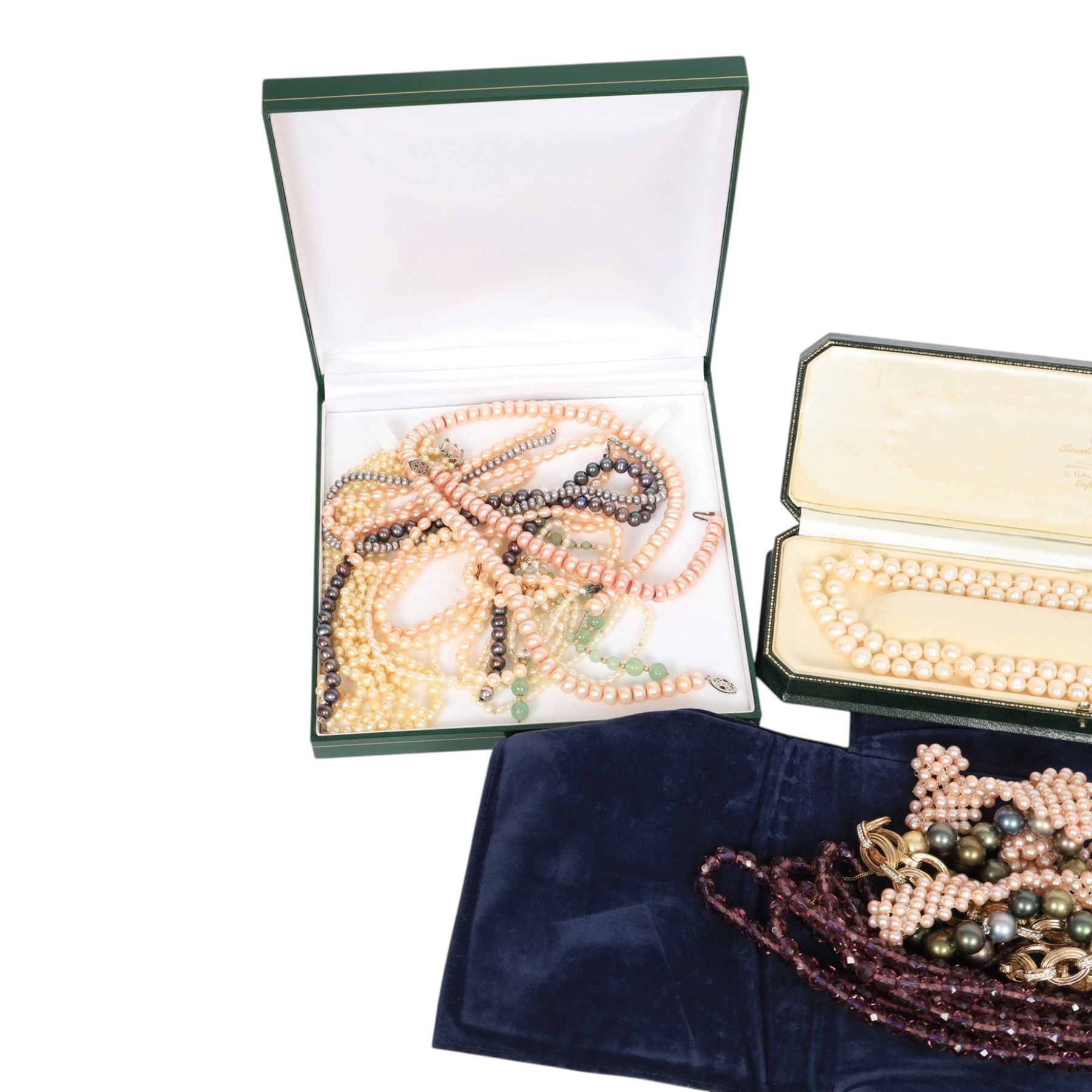 9ct gold pearl jewellery including two strands of pearl necklaces,pair of  stud earrings and a pendant, collection of silver pearl jewellery including earrings, brooch and pendant and a collection of costume jewellery