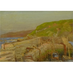  Percy Herbert Portsmouth (British 1874-1953): 'Cockburnspath Cove Harbour' Scottish Borders, oil on panel signed, titled verso 24cm x 34cm  DDS - Artist's resale rights may apply to this lot    