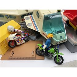 Collection of 1980s/90s Playmobil - vehicles including Fire-Engine No.21, Mobil Crane No.28, Quick Service Truck No.1 with trailer, Dumper Truck, GSL Sports car, GS Turbo car and three motorcycles; together with boxed Knights Tournament Set, Playmospace Space Station and Shuttle, wigwam and various accessories and figures etc