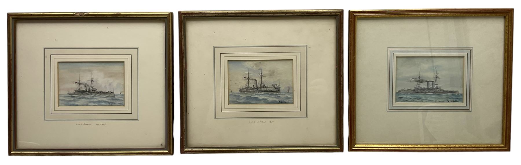 W J Sutton (British 19th/20th Century): 'HMS - Ocean, Colossus, Barfleur, Rosalind, Bulwark', set of five watercolours signed, two titled on mount the others inscribed verso 8cm x 12cm (5)