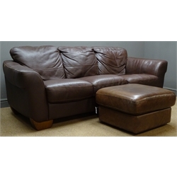  Three seat brown leather sofa with footstool, W220cm  