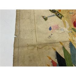 WW1 needlework sampler, entitled 'Souvenir of The Great War, 1919', with embroidered planes and allied flags surrounded a winged angel figure, L88cm