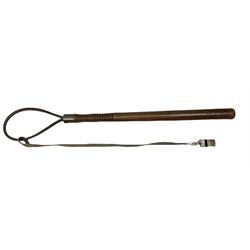 Victorian turned wood polished wood truncheon 54cm, with leather strap; and a ‘Police Special’ Whistle