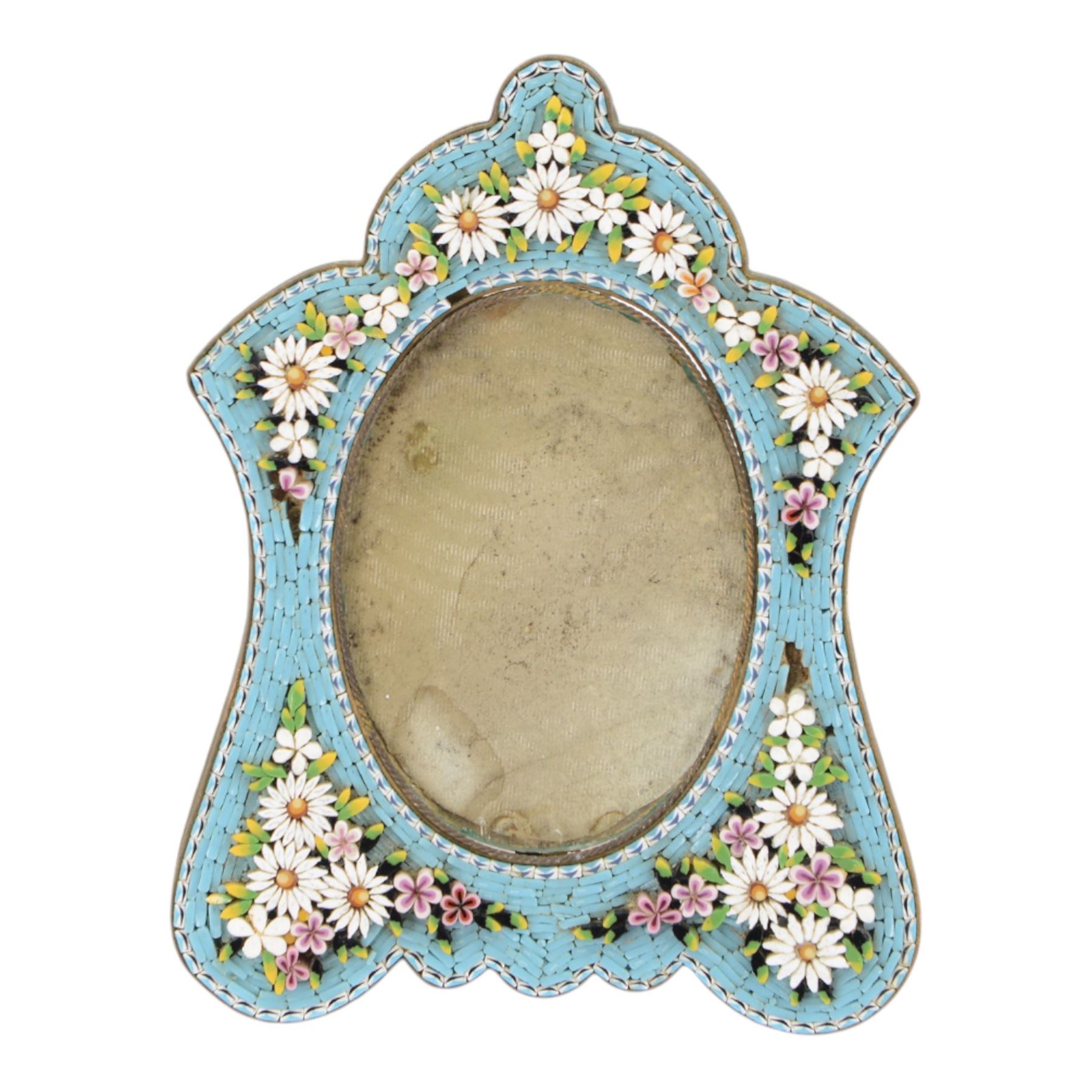 Four micro mosaic picture frames, decorated with flowers, largest H13cm  
