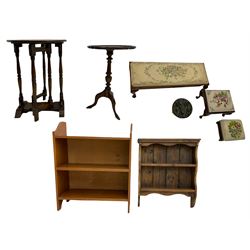 Small oak drop leaf occasional table, open bookcase, mahogany wine table, plate rack and four stools