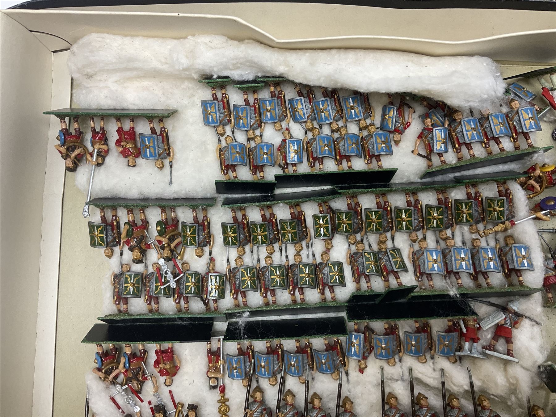Painted metal wargame figures - over four hundred including Normans and Saxons, Romans, British Tribes etc; together with a quantity of part-painted and unpainted figures, battlefield weapons and accessories etc; average size 25mm