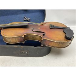 Late 19th century French three-quarter size 'Conservatory' violin with 34cm two-piece maple back and ribs and spruce top, the peg box inscribed 'Conservatory Violin Straduari', bears label 'Antonius Stradiuarius Cremonensis Faciebat Anno 1721' L55.5cm overall; in ebonised wooden 'coffin' case