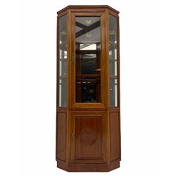 Chinese rosewood corner display cabinet, upper glazed illuminated cabinet above lower cupboard