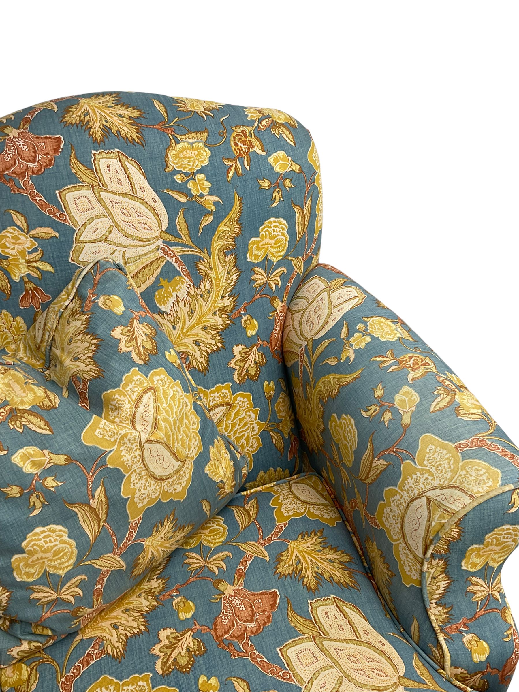 Lincoln House - two seat sofa (W170cm), wingback armchair (W94cm), and armchair (W90cm), upholstered in blue ground fabric with floral pattern