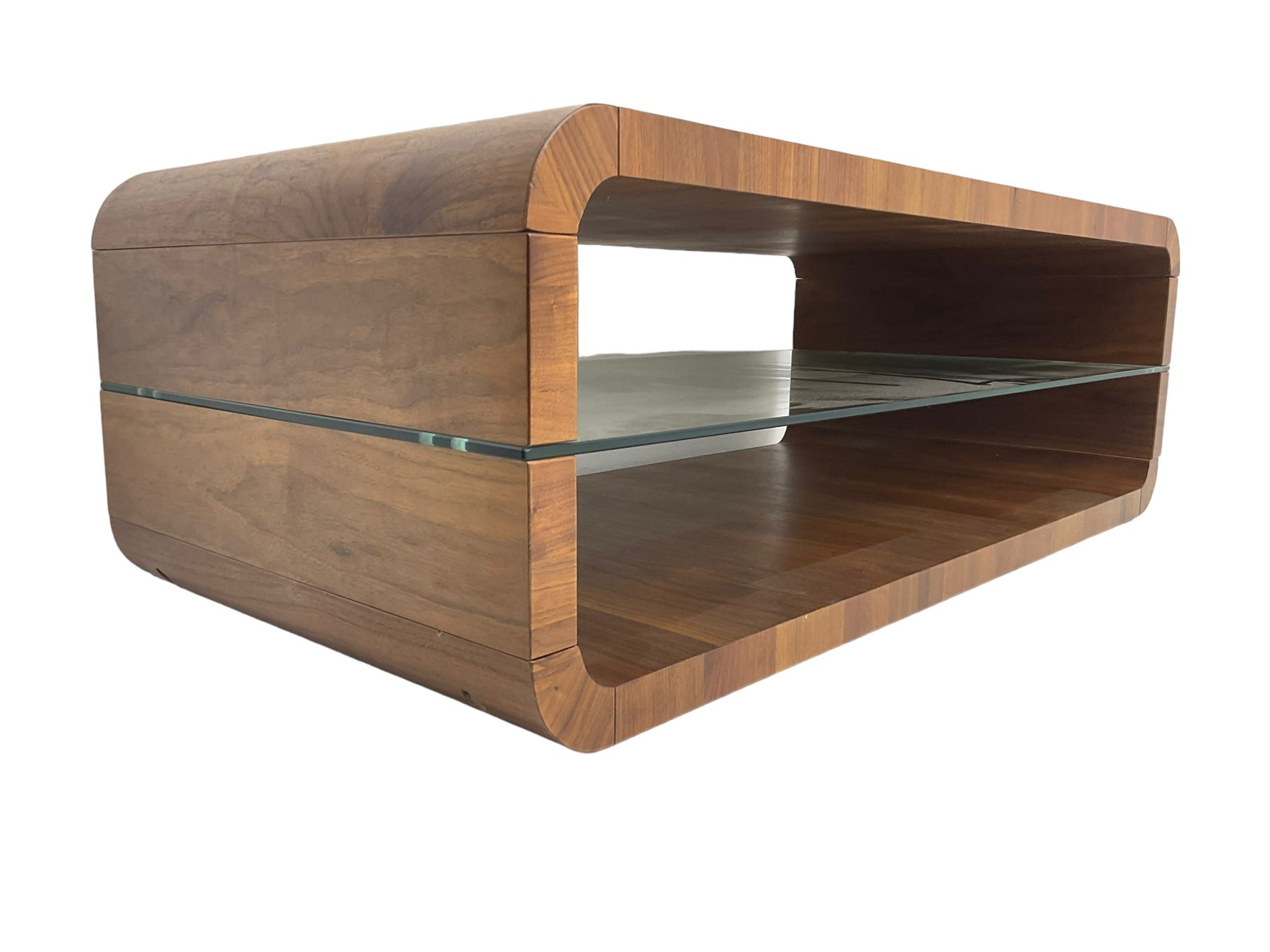 Contemporary walnut coffee table, curved rectangular form, fitted with central glass shelf