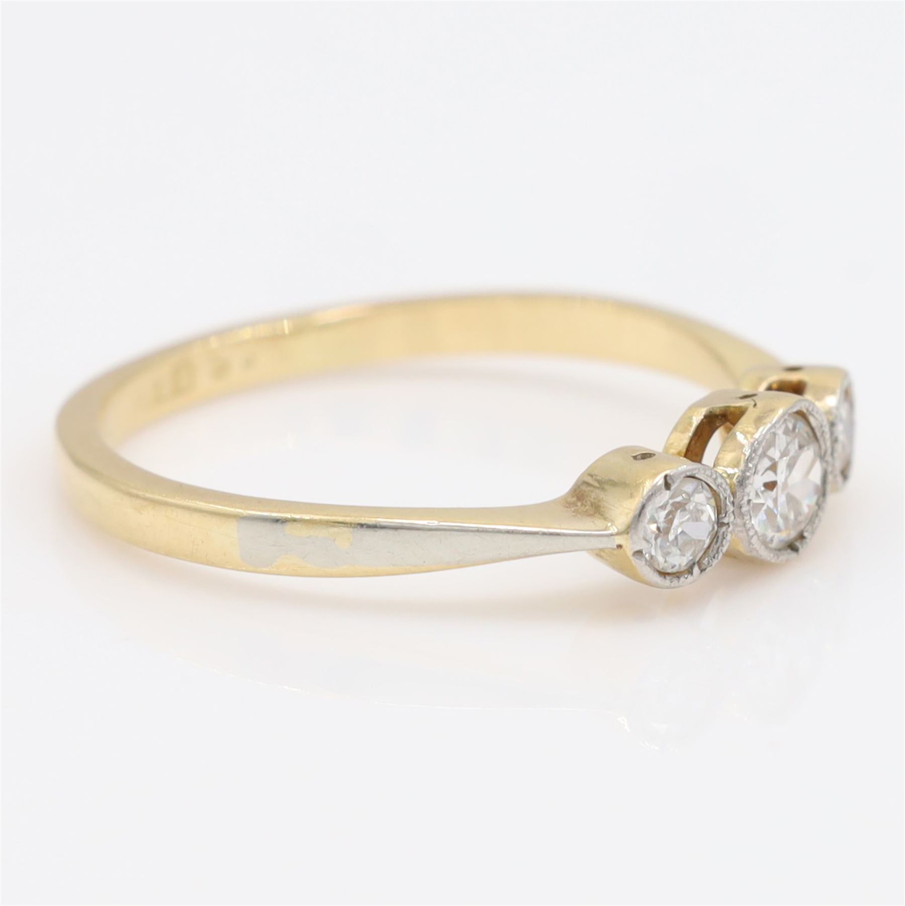 Early 20th century gold diamond ring, milgrain set with three old cut diamonds, stamped 18c Plat, total diamond weight approx 0.25 carat