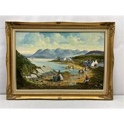 Sheila Turner (British 1941-): Ladies Working on the Shore, oil on board signed and dated '88, 50cm x 74cm