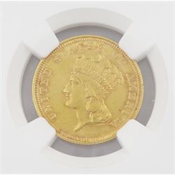 United States of America 1854 gold three dollar coin, encapsulated and graded AU55 by NGC