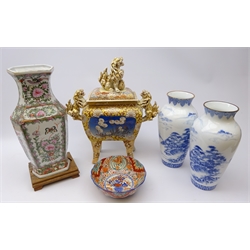  Large Japanese Satsuma Koro and cover c1900, Dog of Fo handles and finial and painted floral panels H43cm Canton hexagonal vase on plinth, pair Japanese Shibata blue & white baluster vases, H31cm and Imari bowl (5)   