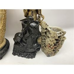 Collection of hardstone and soapstone, including hardstone seal carved temple dogs finial, inscription on base, together with inkwells, vases etc  
