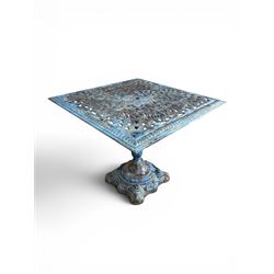 Victorian revival ornate cast iron garden table, pierced square top, pedestal base, finished in distressed blue paint