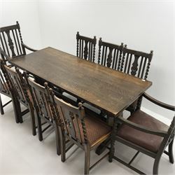 Rectangular medium oak dining table, shaped solid end support joined by a stretcher (W183cm, H76cm, D76cm) and six (4+2) oak barley twist chairs (W58cm) 
