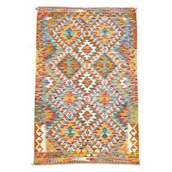 Chobi Kilim multi-coloured ground rug, stepped lozenges enclosed by hooked border 