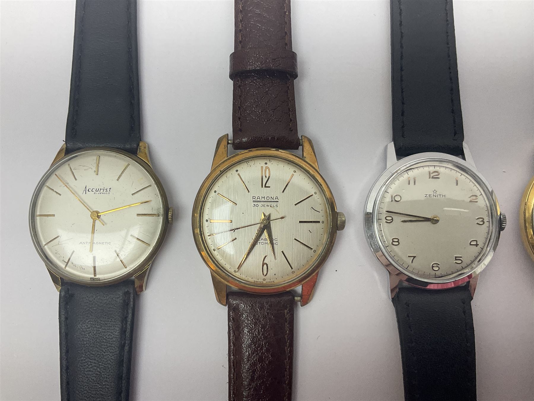 Two automatic wristwatches including Herculeo and Ramona and four manual wind wristwatches including Zenith, Swiss Watch Company and Accurist