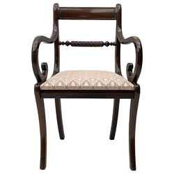 Regency design mahogany extending dining table, rectangular top with extending canted corners, pull-out action with additional leaf (84cm x 136cm - 182cm, H76cm); set of eight Regency design mahogany dining chairs with rope twist rails