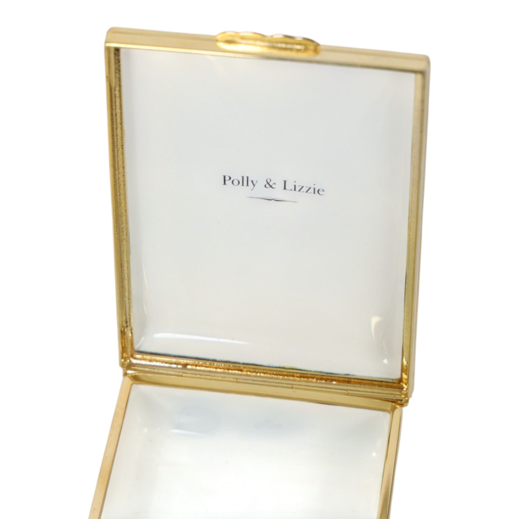 Two Halcyon Days bespoke commissioned enamel pill boxes, painted with 'The Clock House' and 'Polly & Lizzie'