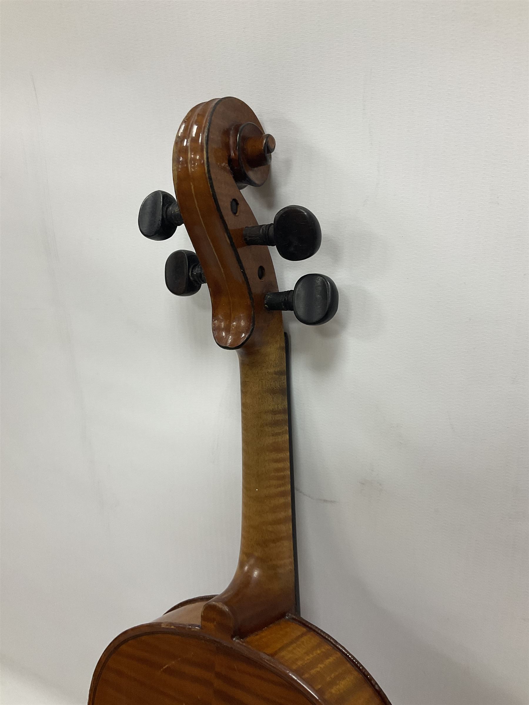 Four violins 1/8th size; half size with Nicolas Bertholini label; three-quarter size with Stradivarius copy label; and full size with Marquis De L'Air label (4)