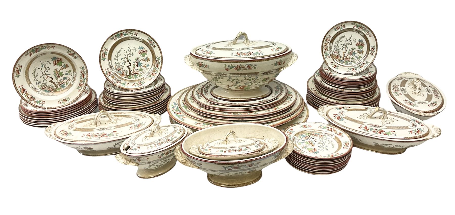 Victorian Copeland Spode Indian Tree pattern dinner service, to include sixteen dinner plates, fifteen side plates, eleven soup bowls in two sizes, four covered tureens of various forms, eight serving platters of various sizes etc  (74)