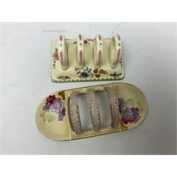 Collection of five toast racks comprising two Royal Winton Grimwades, Gray's Pottery, Copeland Spode Audley Royal Jasmine and another further early-mid 20th century toast rack decorated with flowers