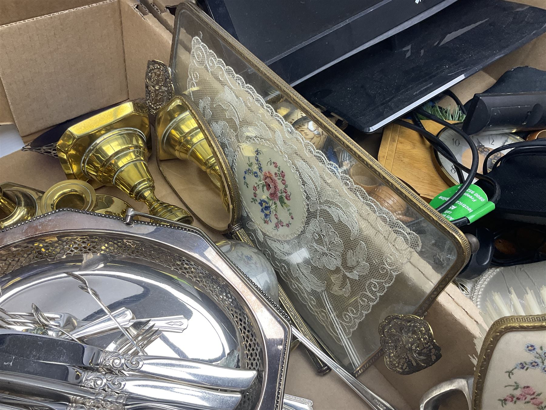 Quantity of silver plated and other metal ware to include Community cutlery and brass, together with Polaroid tv etc in three boxes