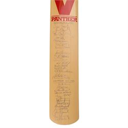 Signed Slazenger cricket bat, with signatures of players from 1985 Yorkshire and Lancashire county cricket teams, including Geoffrey Boycott