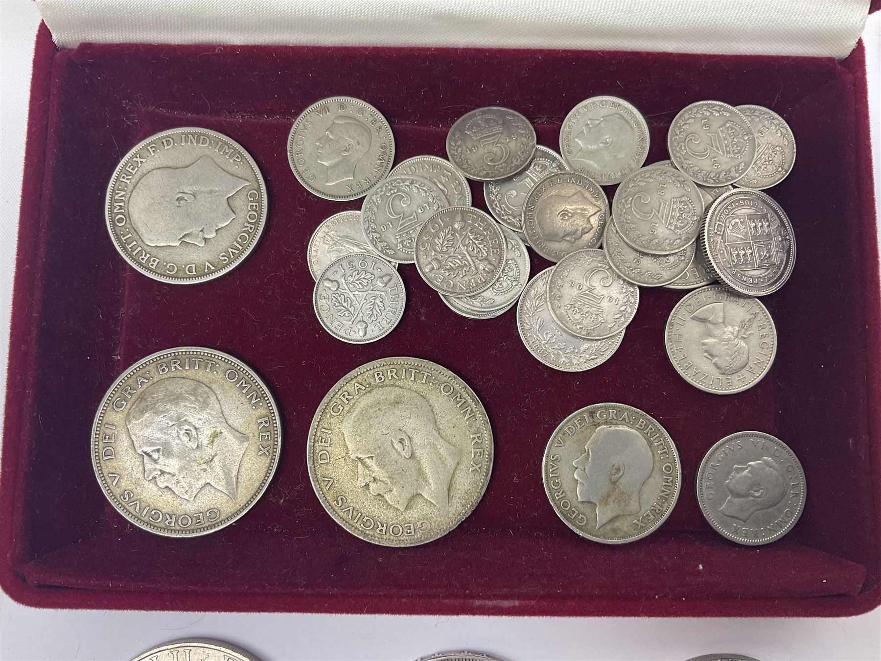 Queen Victoria 1895 silver crown coin, 1887 sixpence, King George V 1920 one shilling, 1921 florin, 1927 and 1931 halfcrowns, various pre 1920 and pre 1947 silver threepence pieces, commemorative crowns etc
