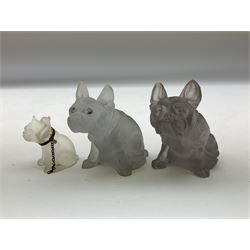 Three Czechoslovakian graduated frosted glass figures of seated bull-dogs tallest H7cm; and Goebel figure of a startled black cat with removable long wooden tail (4)