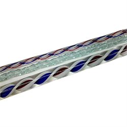 Six Victorian glass walking canes, to include three 'frigger' examples with colour twist designs, a 'hundreds and thousands' example with knop finial and filled with micro beads, possibly Nailsea, an opaque green twist example, and an amber glass example, longest L130cm