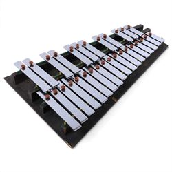 Ajax Boosey & Hawkes metal glockenspiel with black wooden frame, wooden beaters, in hard carry case
