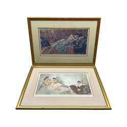 Sir William Russell Flint (Scottish 1880-1969): 'Reclining Nude II', limited edition print signed in pencil pub. Frost & Reed 1967, 34cm x 60cm; 'Three Girls', limited edition print numbered 276/850 in pencil 35cm x 58cm; 'The Francis and Jane at Birdham', limited edition print numbered 600/1000 in pencil 34cm x 50cm (3)
