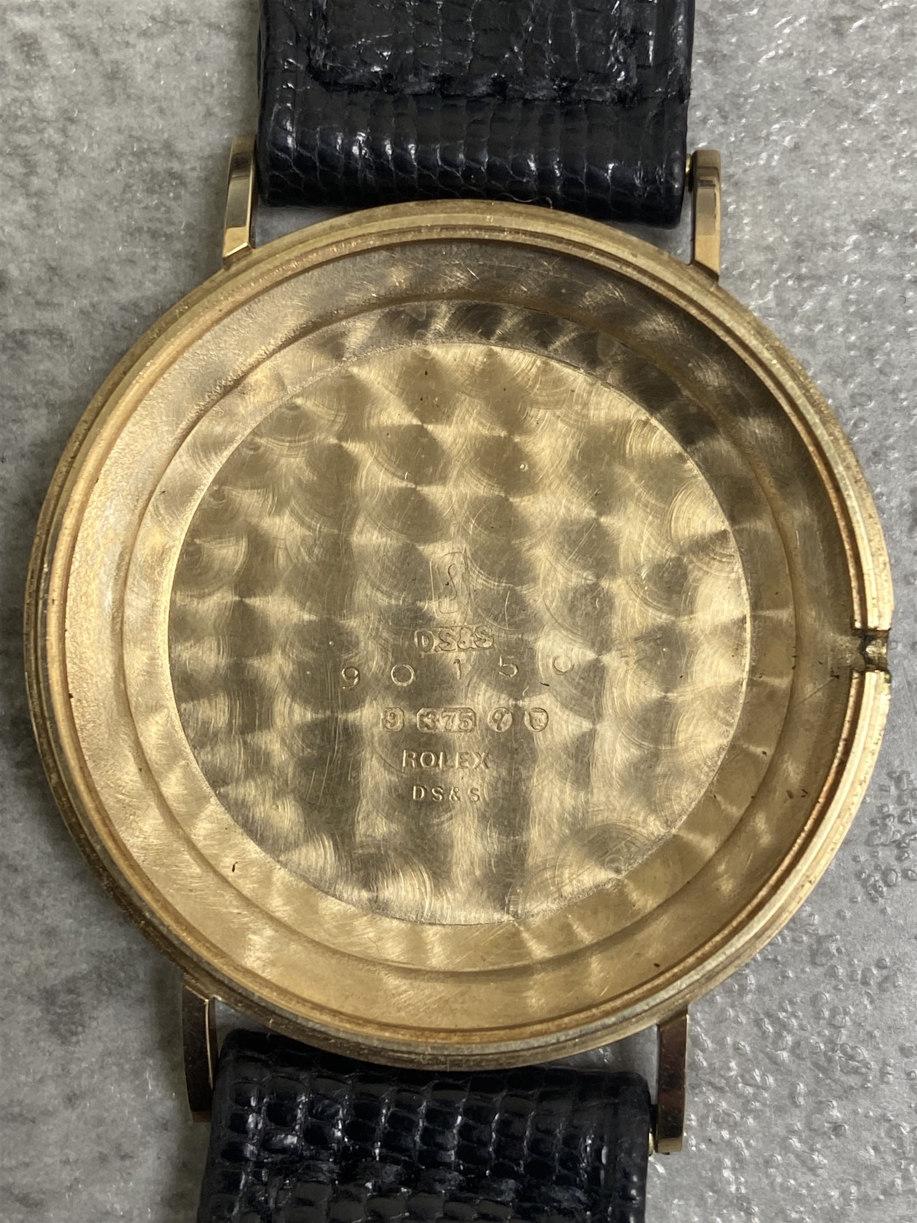Rolex Precision gentleman's 9ct gold manual wind presentation wristwatch, 17 jewel movement, Cal 1225, silvered dial with baton hour markers, case No. 90150, London 1971, on original leather strap and gilt Rolex buckle, boxed with papers