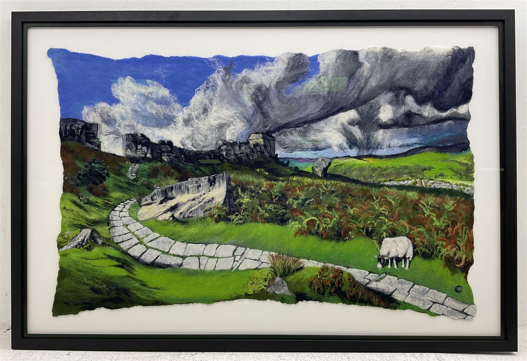 Bridget Bernadette Karn (Yorkshire Contemporary): ‘On the Edge of the Storm - Cow and Calf Ilkley’, wool and felt collage, signed titled and dated February 2021 verso 103cm x 162cm