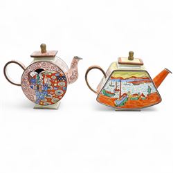 Ten Charlotte de Vita for Trade plus Aid miniature hand-painted enamel teapots, designs comprising The Kiss, Peter Rabbit, Dancing Girls, Catkins etc; and one other painted enamel teapot, largest H9.5cm (11)
