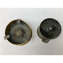 Trench Art - three WW2 brass shell case ashtrays, one mounted with Royal Artillery cap badge and button and one mounted with RA button; together with a pair of place name holders each formed from a Royal Artillery cap badge (5)
