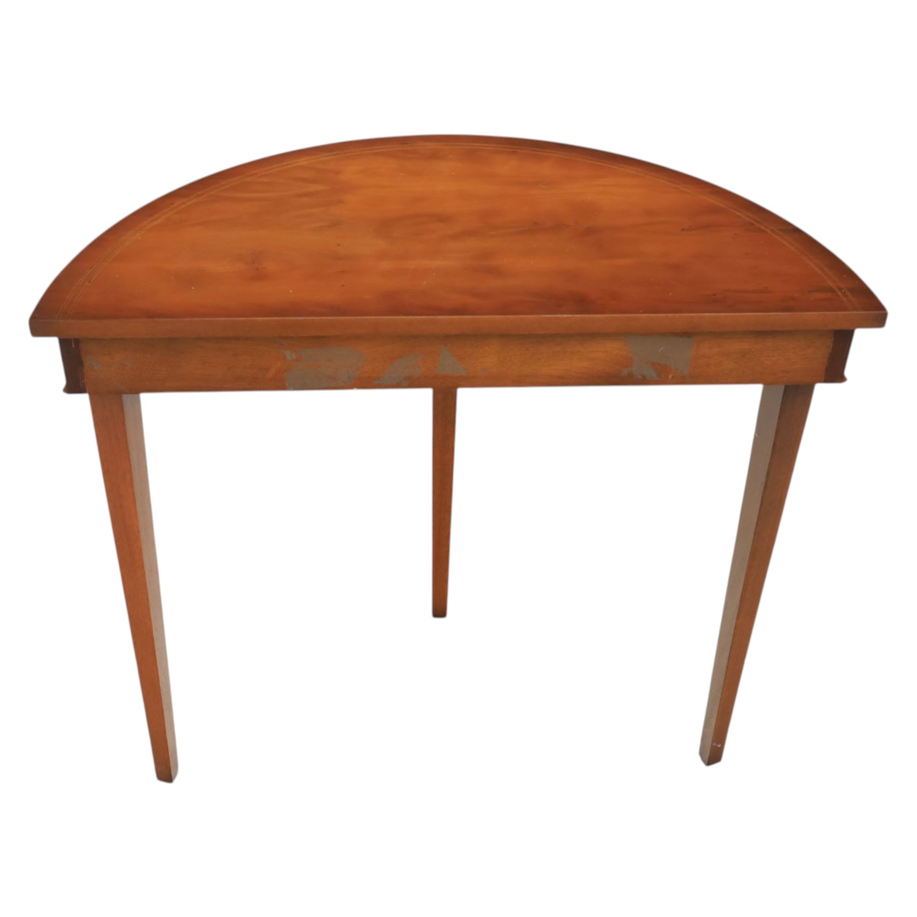 Georgian design yew wood demi-lune console table, sting inlaid with shell motifs