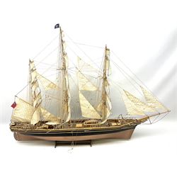 Three masted kit built sailing ship with cloth sales, deck fittings and full rigging, on open display, L110cm, H80cm  