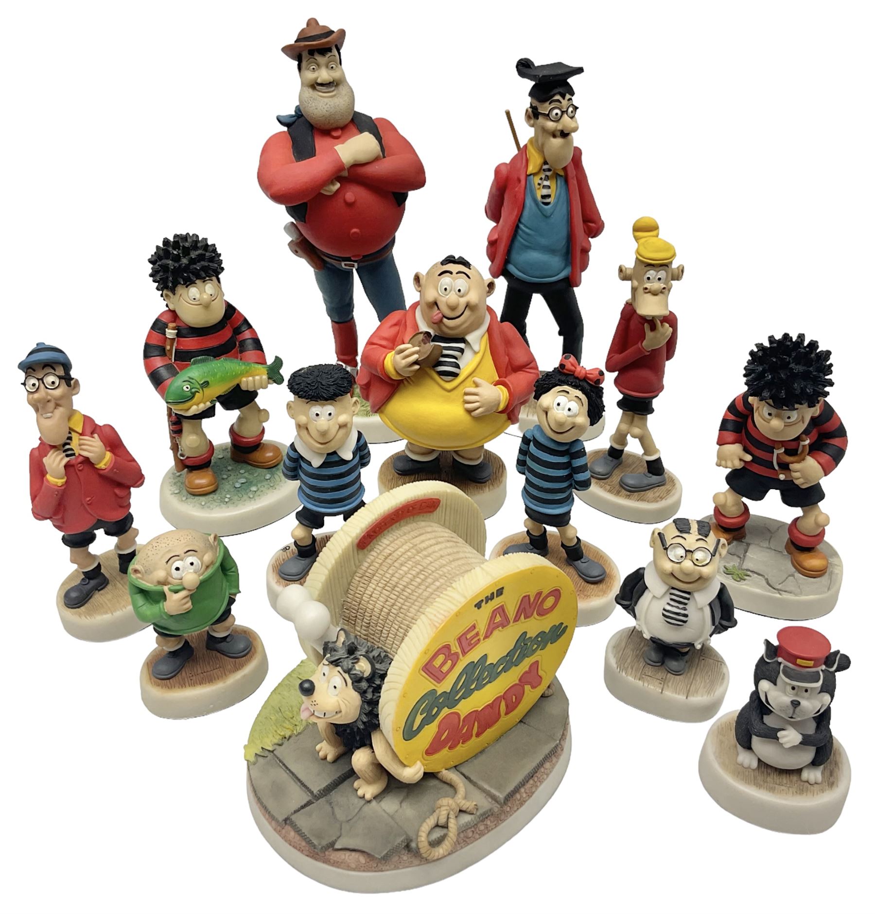 Thirteen Robert Harrop figures from the Beano Dandy collection, comprising Yo-Yo Collectors Piece 1996, Desperate Dan BD03, Cuthbert Cringeworthy BD08, Teach BD06, 'Erbert BD14, Toots BD12, Winston BD17, Fatty BD07, Dennis The Menace BD01, Dennis the Menace Fishing BD806, Sydney BD13, Wilfrid BD15 and Plug BD11