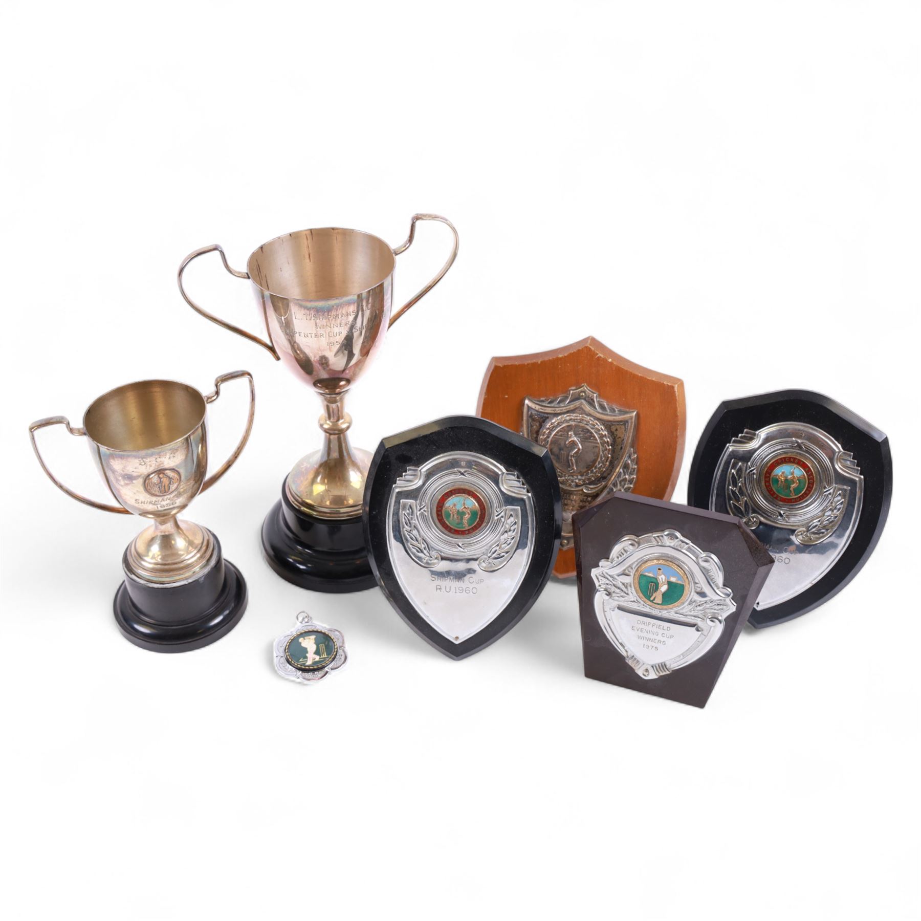 1950s and later cricket trophy cups and plaques, including LT Shipman's CC Winners Carpenter Cup & Shipman Cup 1954 trophy, Shipman's Cup 1956 and The Filbert's Winners 1956 SWBCC plaque, tallest H18.5cm