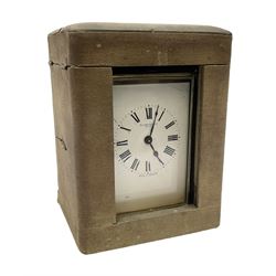 Early 20th century brass cased carriage clock retailed by Barnby & Rust Hull, with moulded columns, five bevelled glass panels, enamelled dial with Roman numerals and eight-day movement, in carrying case with viewing aperture H14cm including swing carrying handle  