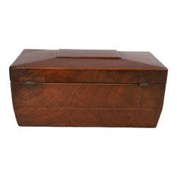 Marquetry inlaid satinwood tea caddy, of rectangular for the hinged cover and front with conch shell motifs, with two compartments, together with a sarcophagus shaped tea caddy