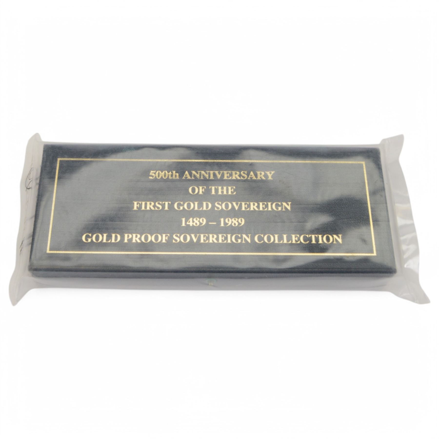 Queen Elizabeth II 1989 '500th Anniversary of the First Gold Sovereign' gold proof sovereign collection, comprising five pound coin, double sovereign, full sovereign, and half sovereign, cased with certificate, sealed in original Royal Mint plastic