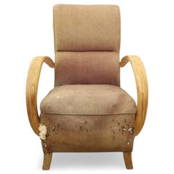  1930s Art Deco bentwood armchair, with sprung seat and arched laminated arms, upholstered in original pink-brown wool fabric, raised on square supports